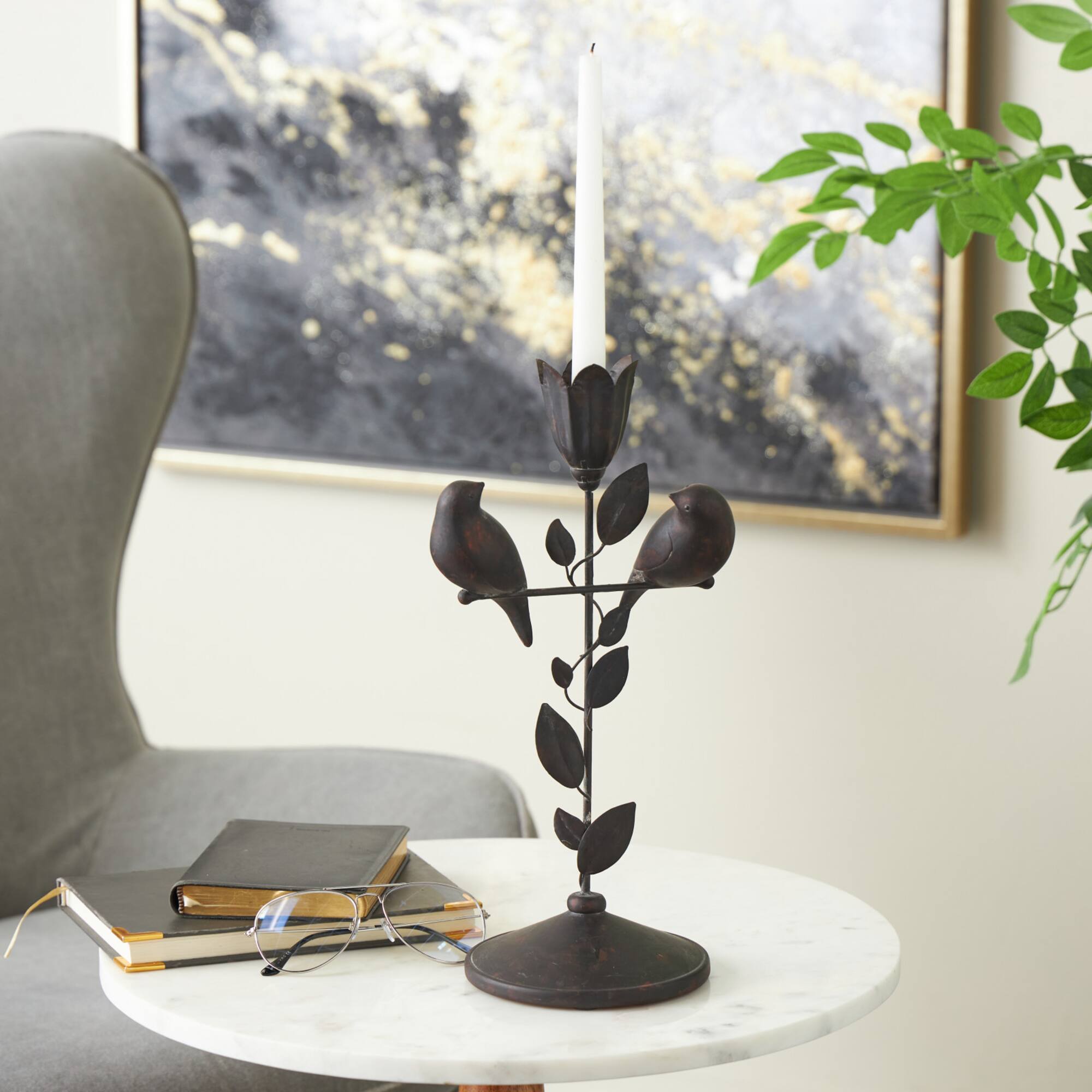 13.75" Black Bird Perching Decorative Sculpture with Leaf Vine & Copper Shading